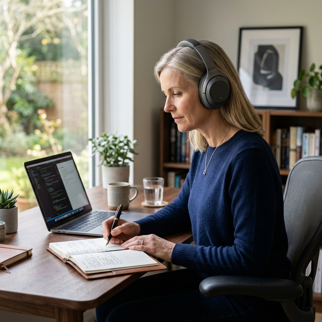 A professional over 45 listening to an audio protocol through headphones, experiencing deep focus and mental clarity.